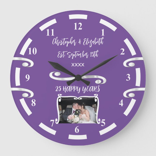 Grande Horloge Ronde Anniversaire de mariage Argent 25 ans ajouter noms (Recto)