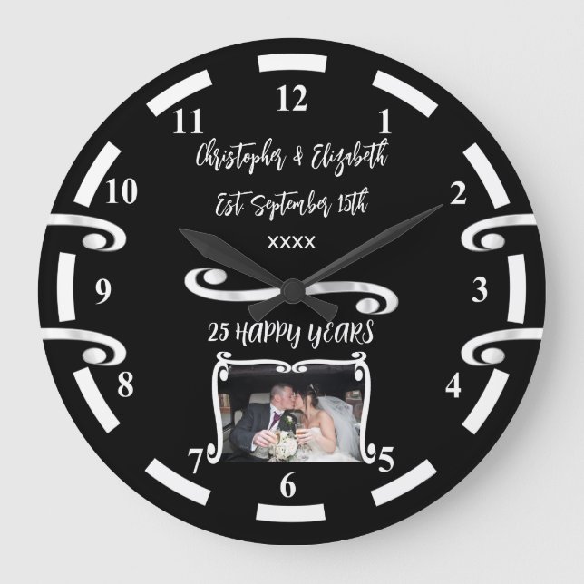 Grande Horloge Ronde Anniversaire de mariage Argent 25 ans avec noms ph (Recto)