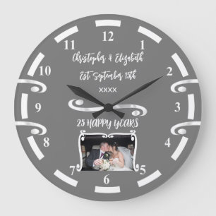 Grande Horloge Ronde Anniversaire de Mariage Argent 25 ans avec noms ph