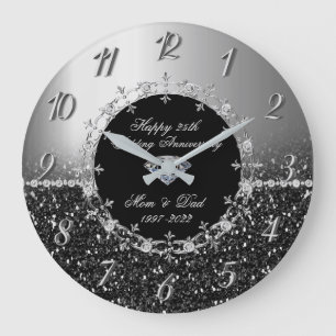 Grande Horloge Ronde Anniversaire de mariage de 25 ans chic argenté sci