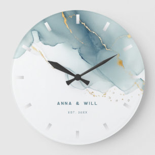 Grande Horloge Ronde Anniversaire de mariage moderne Dusty Blue Gold Be