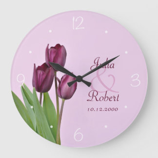 Grande Horloge Ronde Anniversaire des tulipes violettes