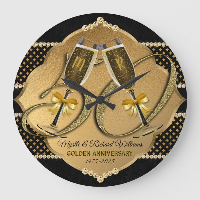 Grande Horloge Ronde Anniversaire d'or 50e Toast de Champagne Mariage (Recto)