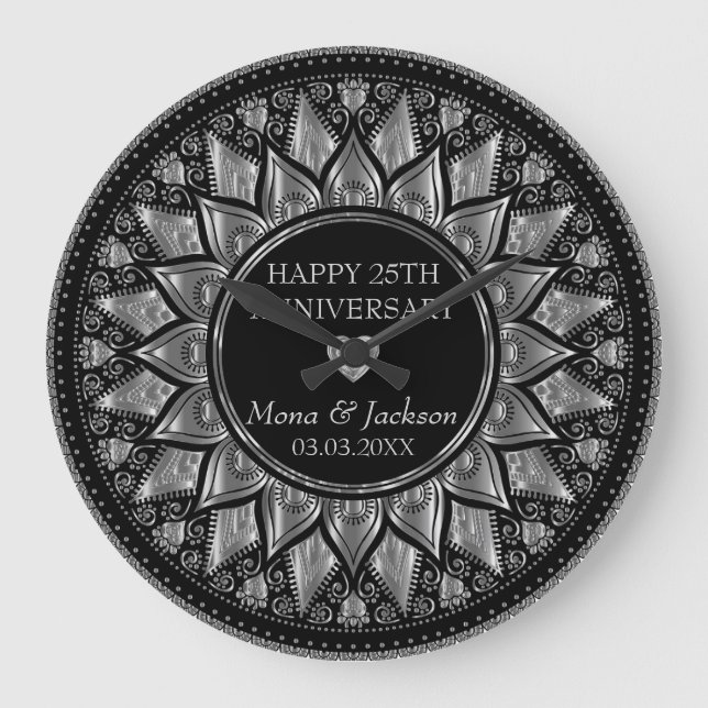 Grande Horloge Ronde Anniversaire du Mariage de Mandala en argent et no (Recto)