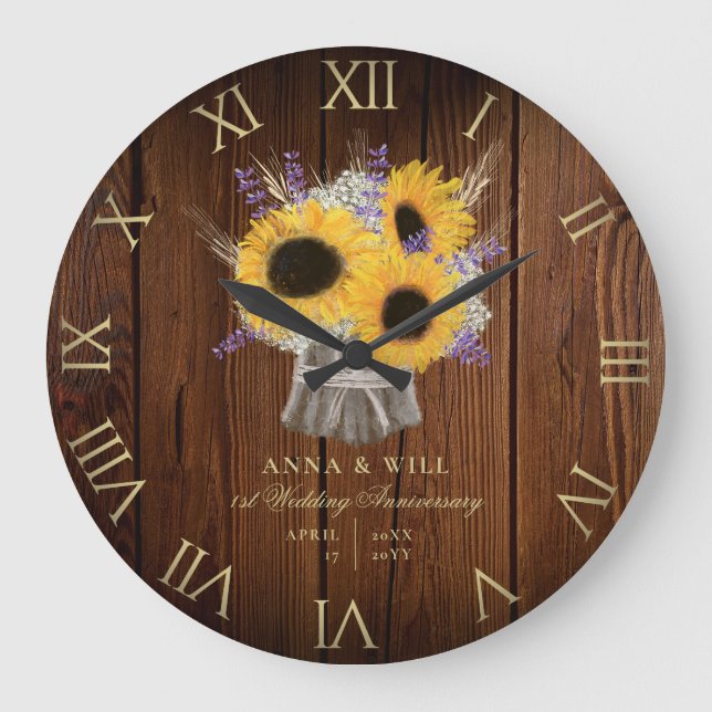 Grande Horloge Ronde Anniversaire du Mariage de tournesol en bois rusti (Recto)