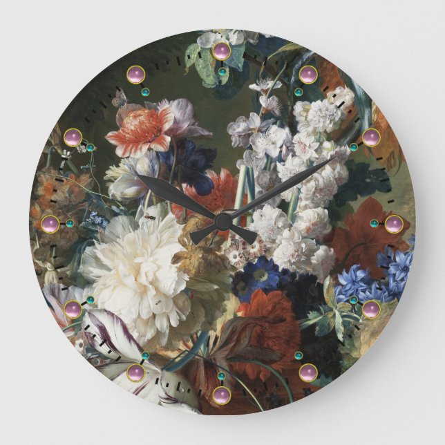 GRANDE HORLOGE RONDE ANTIQUE FLORAL,PINK RED ANEMONES WHITE FLOWERS (Recto)