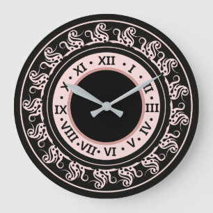 Grande Horloge Ronde Antique Look Black and Peachy Pink Roman Numerals