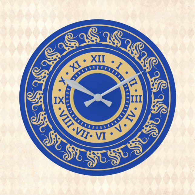 Grande Horloge Ronde Antique Look Deep Bleu et Or Numéros médiévaux (Créateur téléchargé)