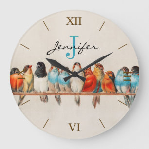 Grande Horloge Ronde Antique Oiseaux colorés Aquarelle Nom du monogramm