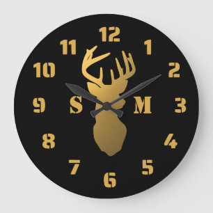 Grande Horloge Ronde Antlers De Cerfs Noir Et Or Cabine 2 Monogramme
