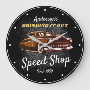 Grande Horloge Ronde "Any Speed Shop Slogan Vintage Car on Black"