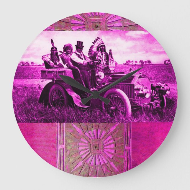 GRANDE HORLOGE RONDE APACHES ET GERONIMO CONDUISANT UNE VOITURE À MOTEU (Recto)