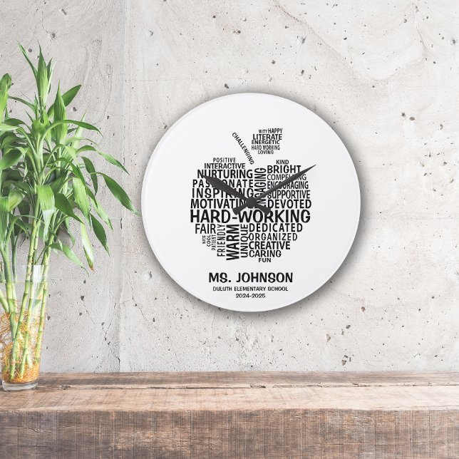 Grande Horloge Ronde Appréciation de l'enseignant noir Typographie Appl (Créateur téléchargé)