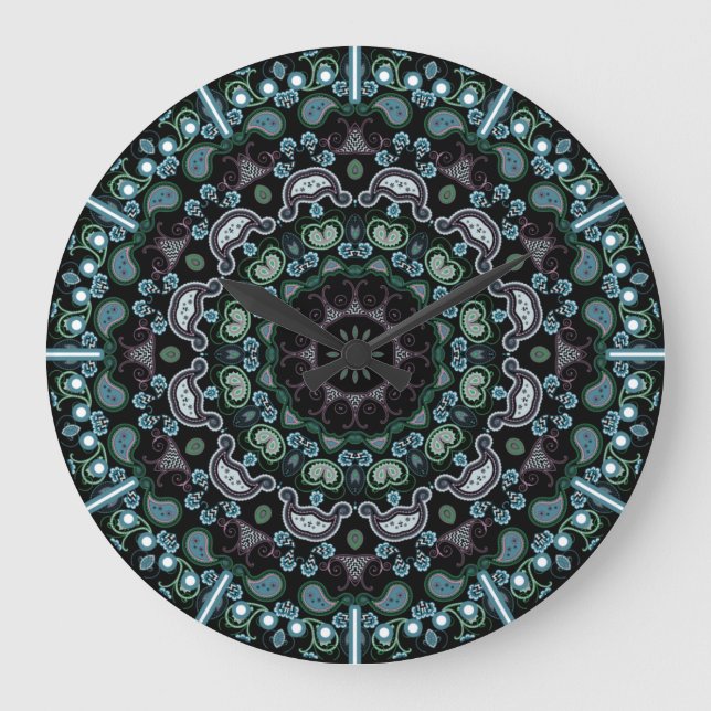 Grande Horloge Ronde Aqua, Black et Sage Boho Style Paisley (Recto)