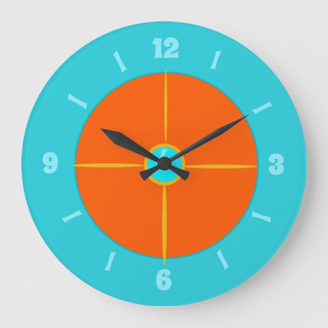 Grande Horloge Ronde Aqua bleu simple avec centre orange brûlé (Recto)