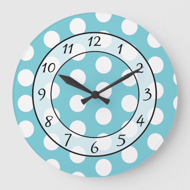Grande Horloge Ronde Aqua Blue and White  Polka Dot Whimsical Clock (Recto)