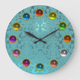 GRANDE HORLOGE RONDE AQUA BLUE TEAL DAMASK ET COLORFUL 3D GEM STONES
