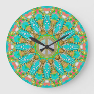Grande Horloge Ronde Aqua Gold Super Fractal Gems Paix Mandala