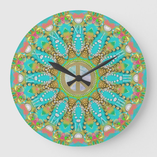 Grande Horloge Ronde Aqua Gold Super Fractal Gems Paix Mandala (Recto)