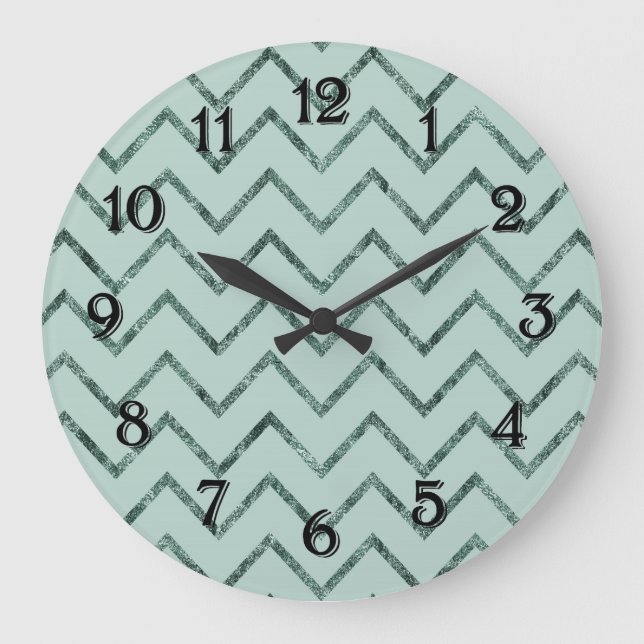 Grande Horloge Ronde Aqua Menthe Glam Chevron Zigzag Rayures (Recto)