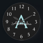 Grande Horloge Ronde Aqua Teal Blue Script Girly Monogram<br><div class="desc">Aqua Teal Blue et Gold Simple Script Monogram Clock. This makes the perfect sweet 16 birthday,  wedding,  bridal shower,  anniversary,  baby shower or bachelorette party gift for someone that loves glam luxury and chic styles.</div>