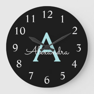 Grande Horloge Ronde Aqua Teal Blue Script Girly Monogram