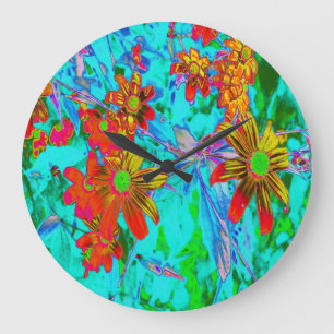 Grande Horloge Ronde Aqua Tropical avec Fleurs Jaunes et Orange
