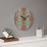Grande Horloge Ronde Aqua Turquoise Blue Orange Brown Motif tribal<br><div class="desc">Magnifique aqua contemporain bleu turquoise vert et orange brun kilim motif de mosaïque tribale. Design orné, élégant, élégant et éclectique disponible sur une variété d'accents de décoration maison moderne et d'accessoires inspirés de la mode pour décorer la chambre du maître, invité ou enfant, cuisine, salle à manger, salon ou chambre...</div>