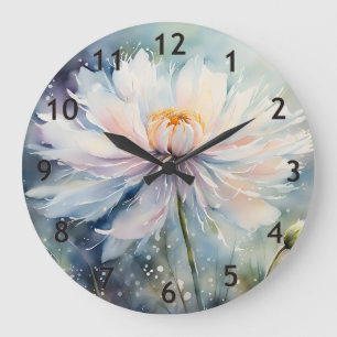 Grande Horloge Ronde Aquarelle à fleurs blanches