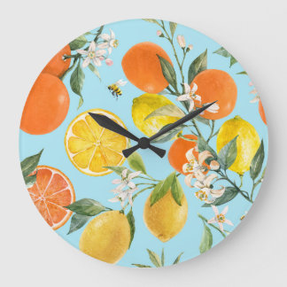 Grande Horloge Ronde Aquarelle Agrumes Fruits : Main tirée