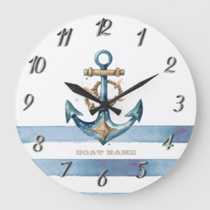 Grande Horloge Ronde Aquarelle Ancre marine Bleu clair rayures