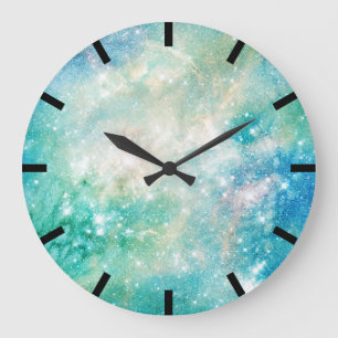 Grande Horloge Ronde Aquarelle Aquarelle Turquoise Bleu Galaxie Océan