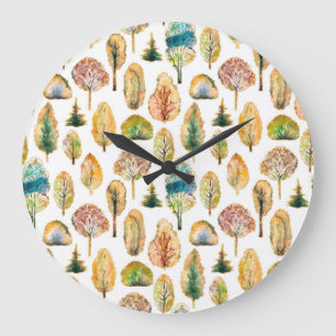 Grande Horloge Ronde Aquarelle automne arbres, motif sans soudure.