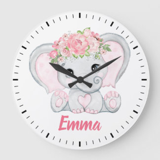 Grande Horloge Ronde Aquarelle Bébé Eléphant rose Floral Girl Nursery