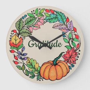 Grande Horloge Ronde Aquarelle Belle couronne Citrouille avec feuille