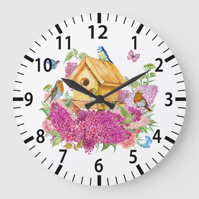 Grande Horloge Ronde Aquarelle Birdhouse, Oiseaux et Fleurs Lilac (Recto)