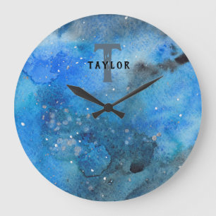 Grande Horloge Ronde Aquarelle bleu Abstrait