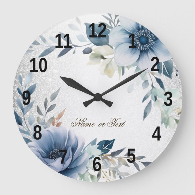 Grande Horloge Ronde Aquarelle bleu foncé Fleurs Argent Élégant (Recto)