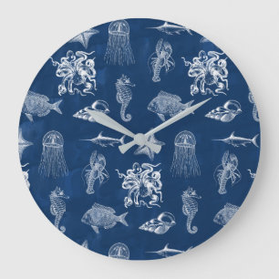 Grande Horloge Ronde Aquarelle bleu marine Océan Animaux marins