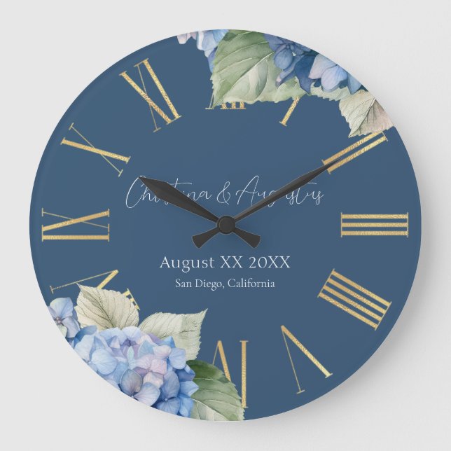 Grande Horloge Ronde Aquarelle bleu romantique Hydrangea Fleurs sur Mar (Recto)