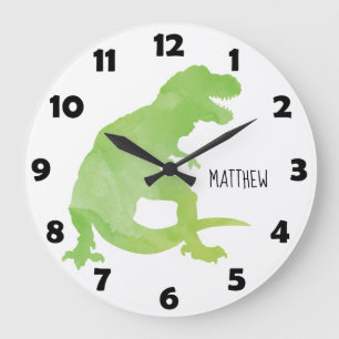 Grande Horloge Ronde Aquarelle bleu vert Dinosaure Enfants personnalisé