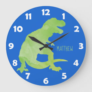 Grande Horloge Ronde Aquarelle bleu vert Dinosaure Enfants personnalisé