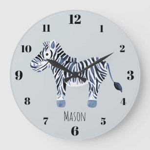 Grande Horloge Ronde Aquarelle bleue du garçon Zebra Safari Nom de la n