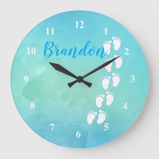 Grande Horloge Ronde Aquarelle bleue Empreinte Petit Pieds bébé Nom (Recto)