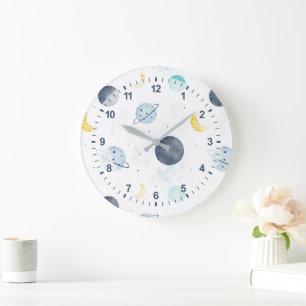 Grande Horloge Ronde Aquarelle Blue Space Planet Motif