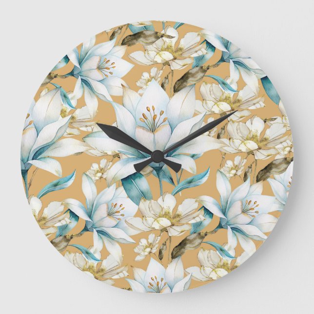 Grande Horloge Ronde Aquarelle botanique bleu blanc lily floral (Recto)