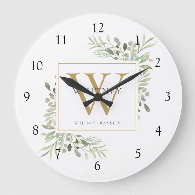 Grande Horloge Ronde Aquarelle botanique Verdure Monogramme Nom (Recto)