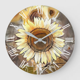 Grande Horloge Ronde Aquarelle brillant Sunflower Collection élégante