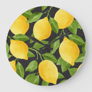 Grande Horloge Ronde Aquarelle brillante de citrons jaunes
