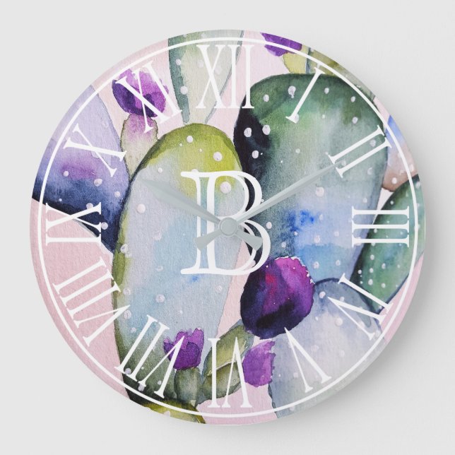 Grande Horloge Ronde Aquarelle Cactus & Blossoms | Monogramme (Recto)
